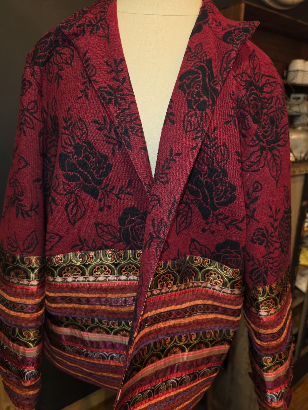 Coldwater Creek Burgundy Floral Jacquard Open Jacket with Multicolor Trim